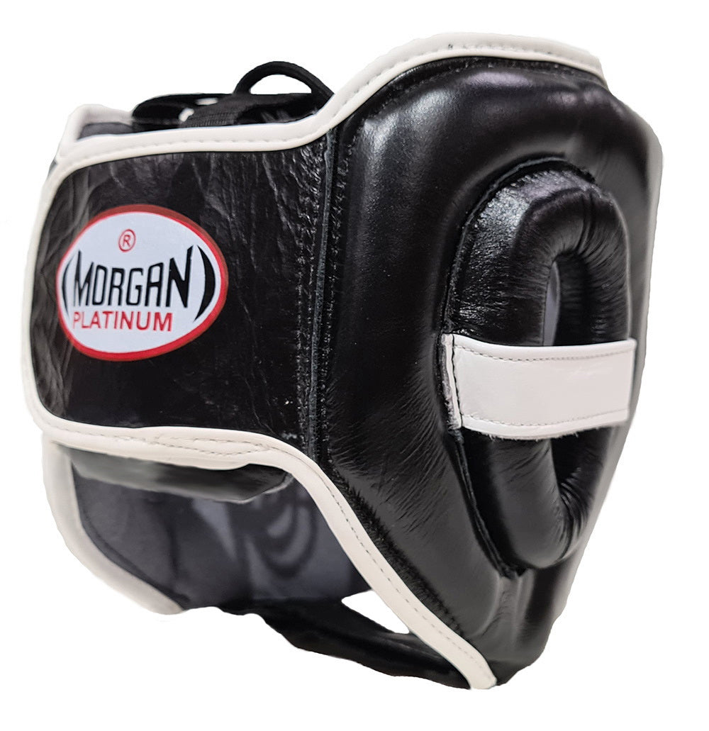 Side image of Morgan Mexican style head guard, which is an absolutely stunning combination of incredibly lightweight and high shock-suppression layered inner foams with durable and extra-long lasting cowhide leather cover for the ultimate training headgear.