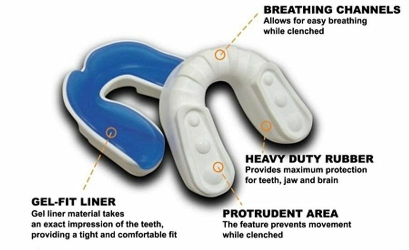 Customisable gel-fit liner Breathing channels allow for easy breathing Protruding area prevents movement while clenched Provides maximum protection for teeth,  jaw,  and brain