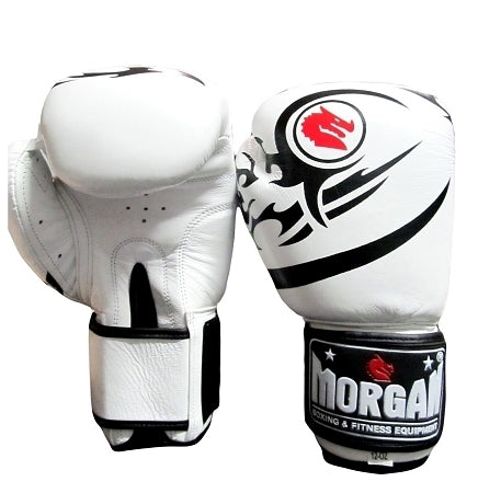 Morgan Elite Boxing &amp; Muay Thai gloves, made from leather and available in 3 colours. These are the white version
