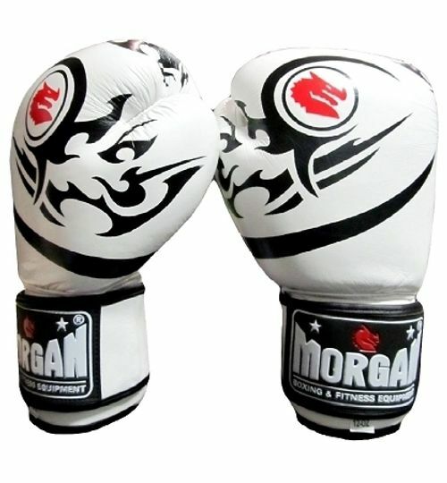 Morgan Elite Boxing &amp; Muay Thai gloves, made from leather and available in 3 colours. These are the white version