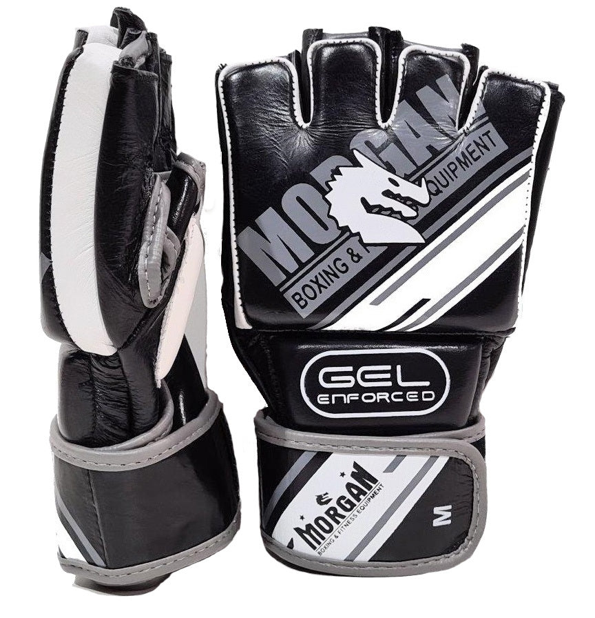 The Fitness Hero Hybrid MMA Gloves by Morgan Sports offer an unbelievable MMA style bag glove featuring exclusive Gel Shock technology for increased power, protection, impact resistance, and custom form fit.  It uses only genuine cowhide leather cover with 2.5cm shock-absorbing closed-cell foam padding 