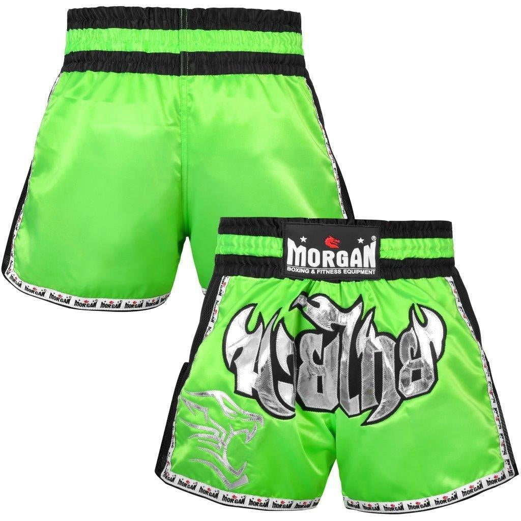 The Fitness Hero muay thai shorts by Morgan Sports will make you feel like the true Muay Thai fighter that you are, featuring a traditional muay thai cut design, with MTS-3 grade satin and fierce in-ring style to give you the edge over your competitors. BKK Style green with silver writing