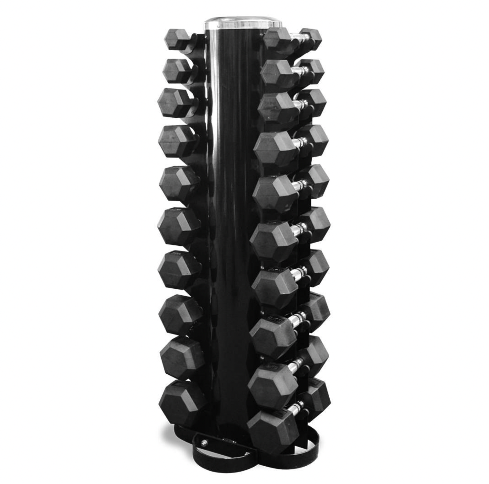 Fitness Hero offers a round vertical dumbbell rack with 10 pairs of commercial grade hex dumbbells. 10 pairs, ranging from 1kg - 10kg. The very best quality dumbbells 