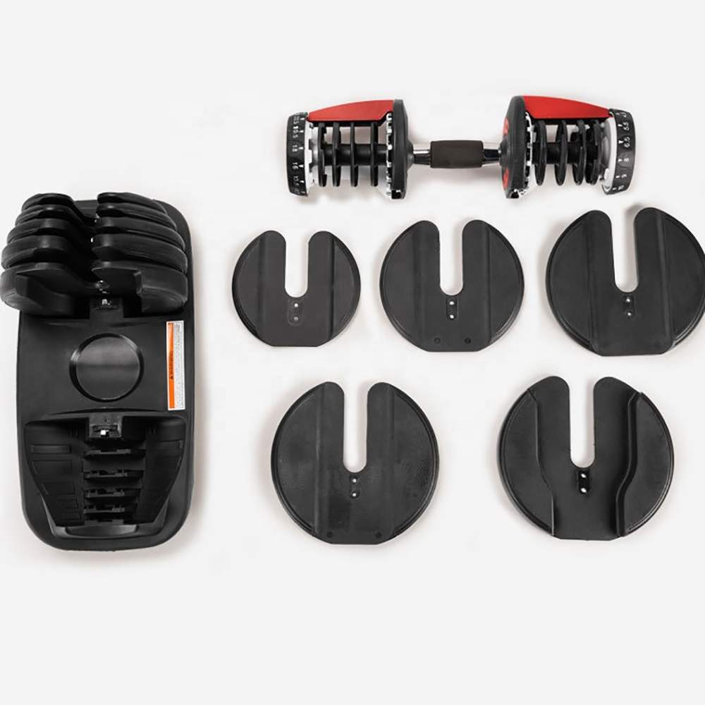 caddy and weights laid out with adjustable dumbbell